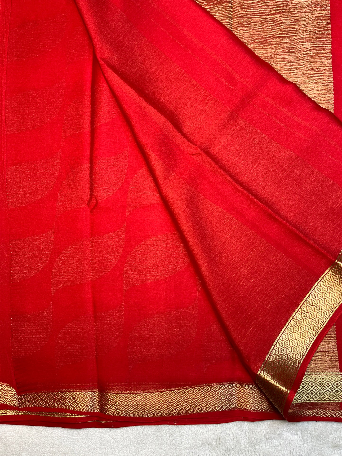 Pure Crepe Mysore Silk Saree In  Diamond Crush Brocade With Orange Self Blouse