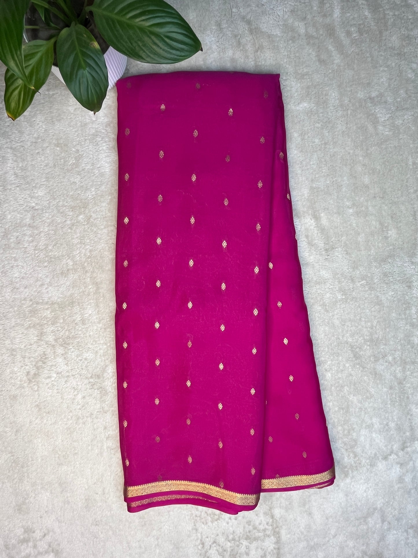 Pure Crepe Mysore Silk Saree with Pink butta and BrocadeSelf blouse