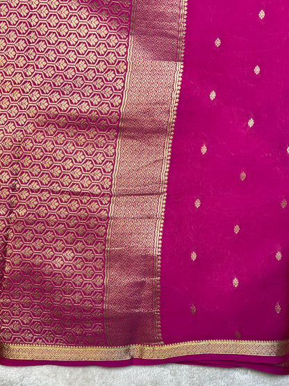 Pure Crepe Mysore Silk Saree with Pink butta and BrocadeSelf blouse
