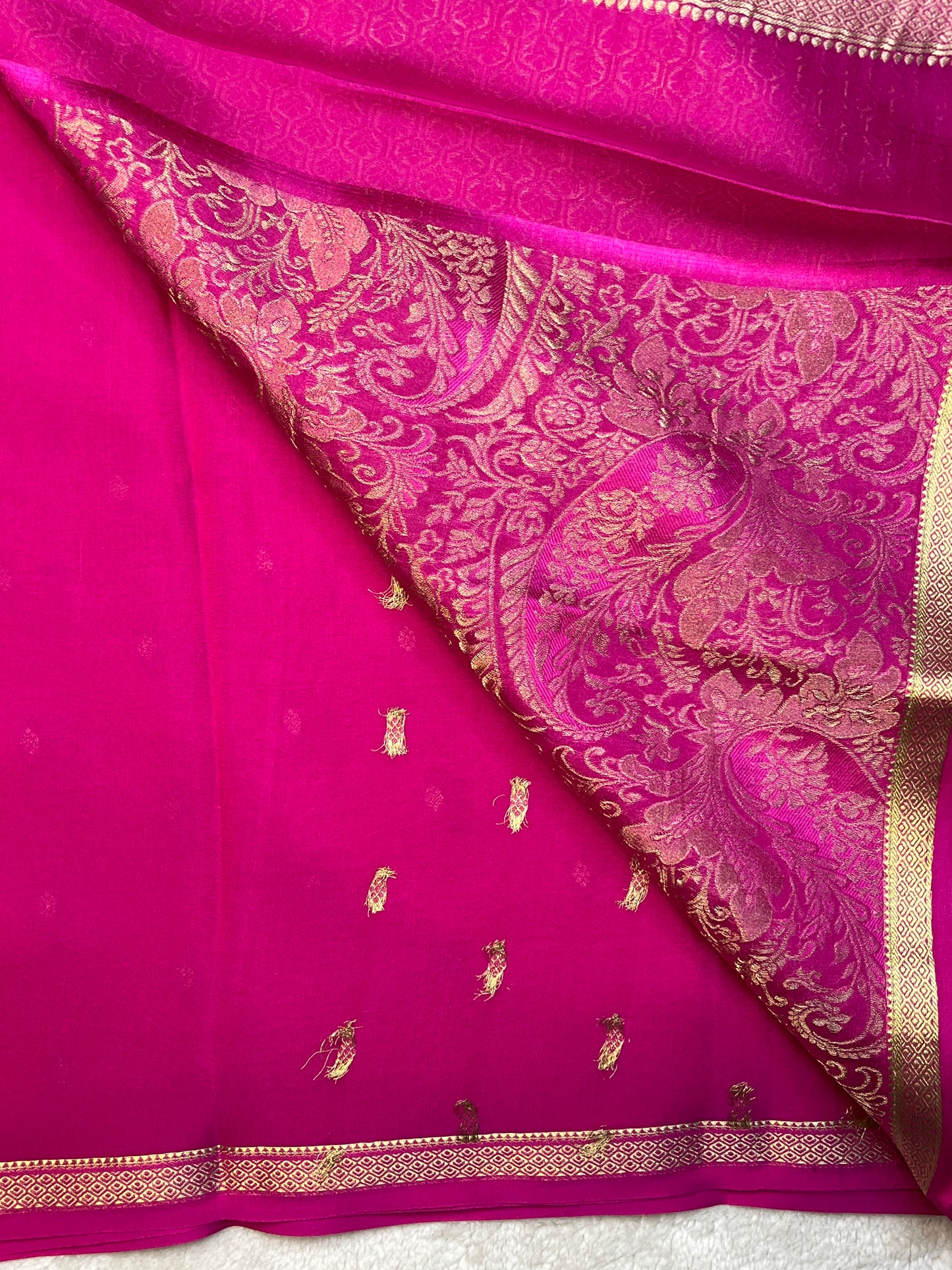 Pure Crepe Mysore Silk Saree with Pink butta and BrocadeSelf blouse