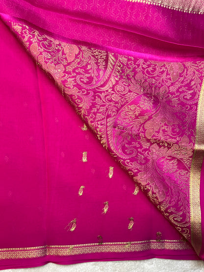 Pure Crepe Mysore Silk Saree with Pink butta and BrocadeSelf blouse
