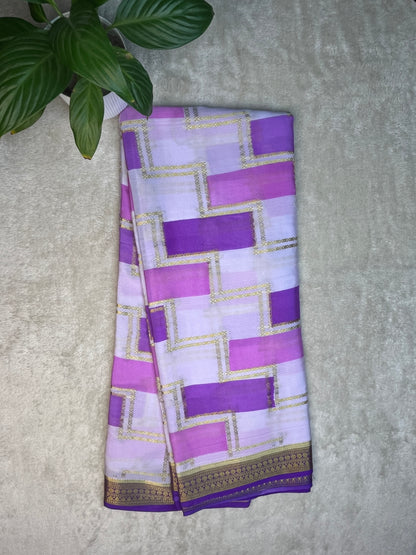 Pure Crepe Mysore Silk Shaded Mix Checks in Violet with Purple Contrast Blouse