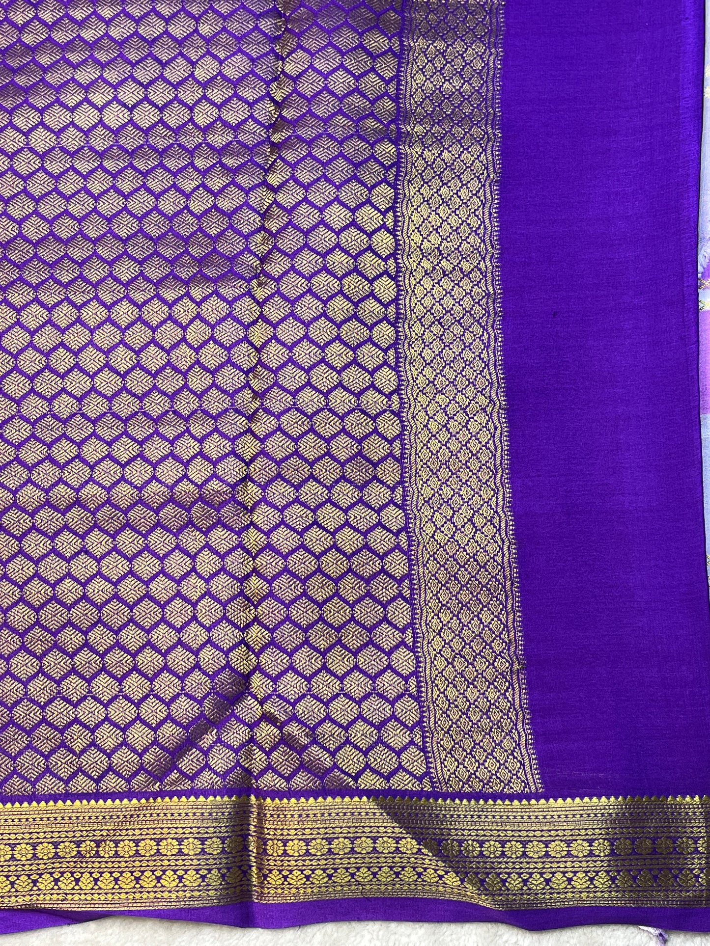 Pure Crepe Mysore Silk Shaded Mix Checks in Violet with Purple Contrast Blouse