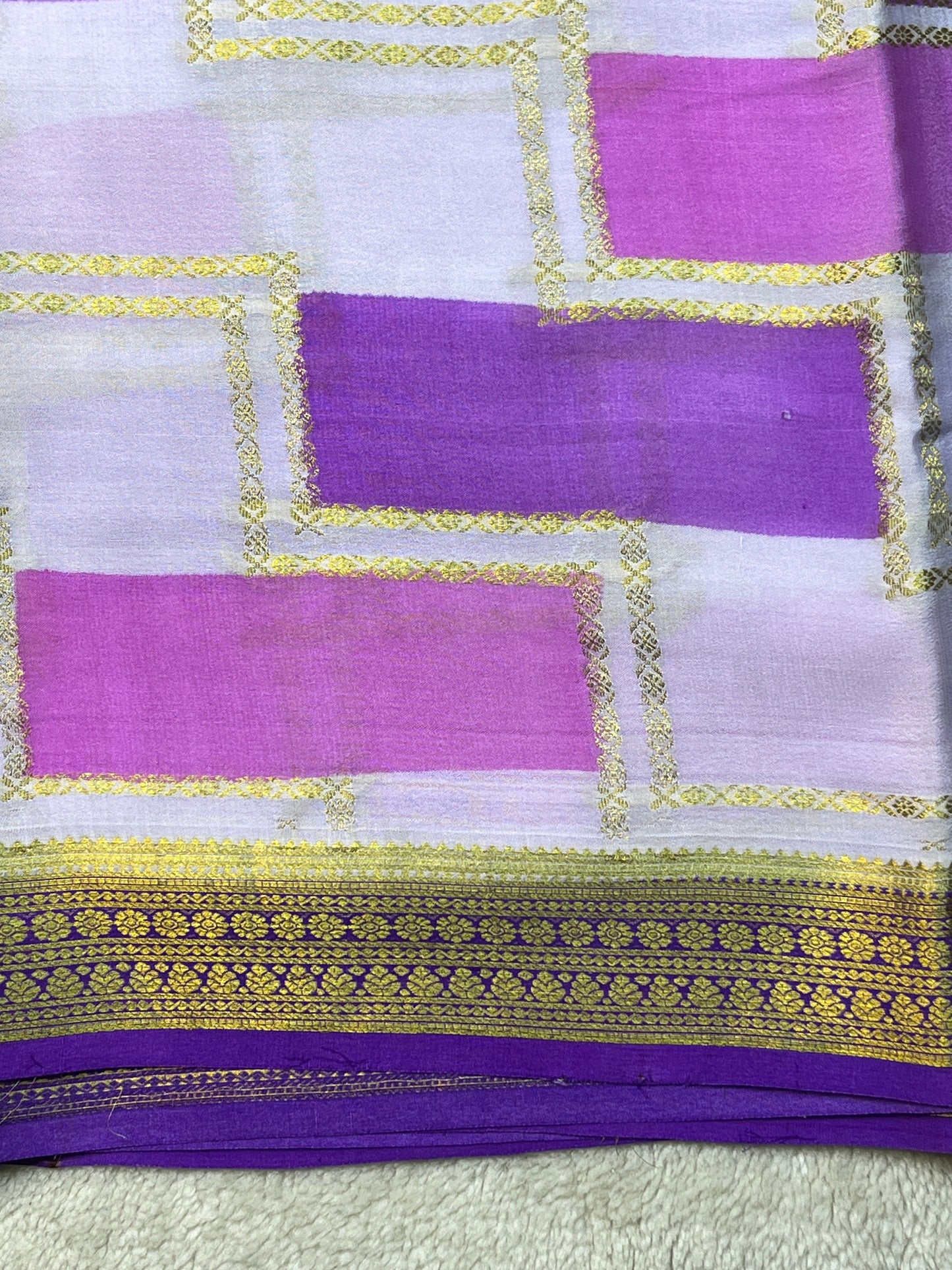 Pure Crepe Mysore Silk Shaded Mix Checks in Violet with Purple Contrast Blouse