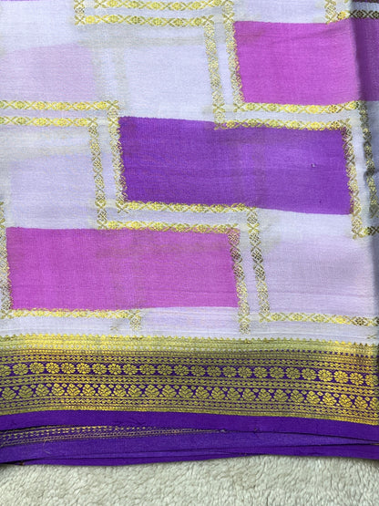 Pure Crepe Mysore Silk Shaded Mix Checks in Violet with Purple Contrast Blouse