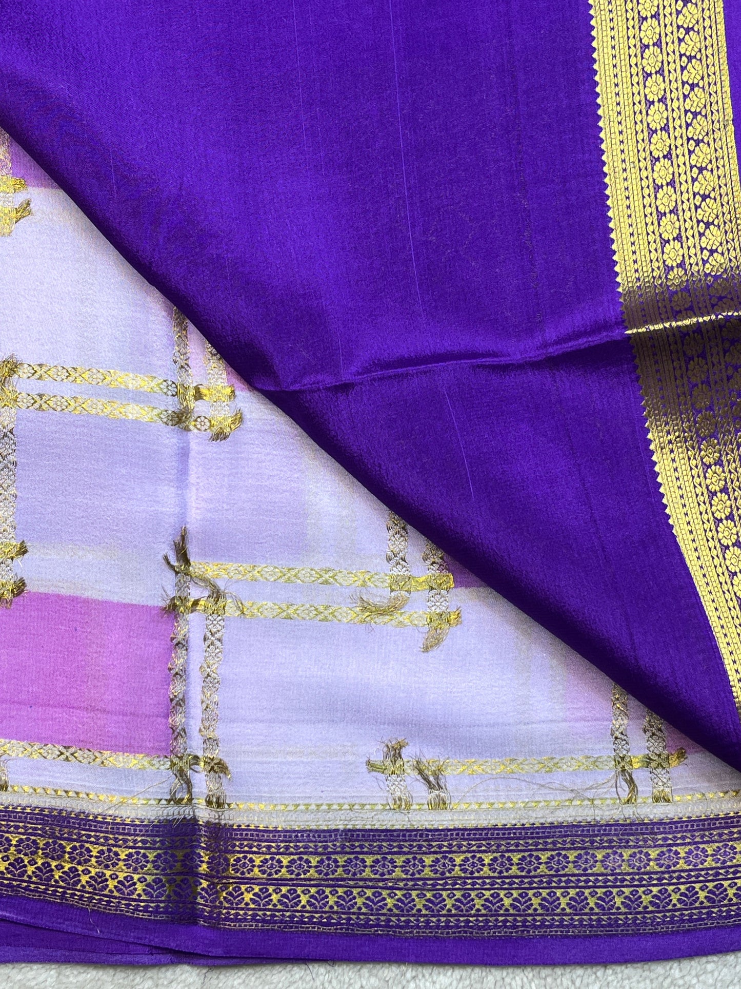 Pure Crepe Mysore Silk Shaded Mix Checks in Violet with Purple Contrast Blouse