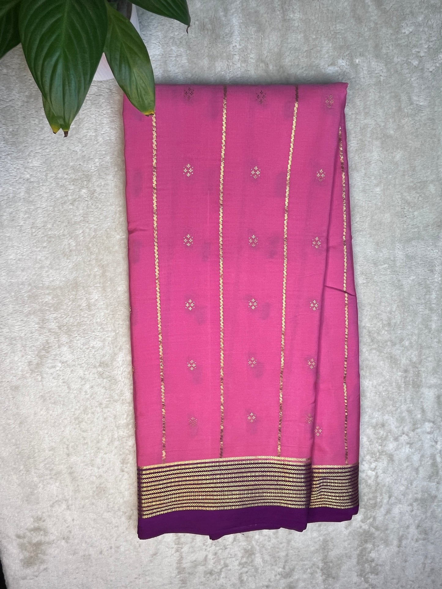 Pure Crepe Mysore Silk Saree with Pink Shaded mix checks In Purple Contrast Blouse