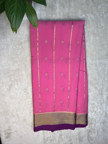 Pure Crepe Mysore Silk Saree with Pink Shaded mix checks In Purple Contrast Blouse