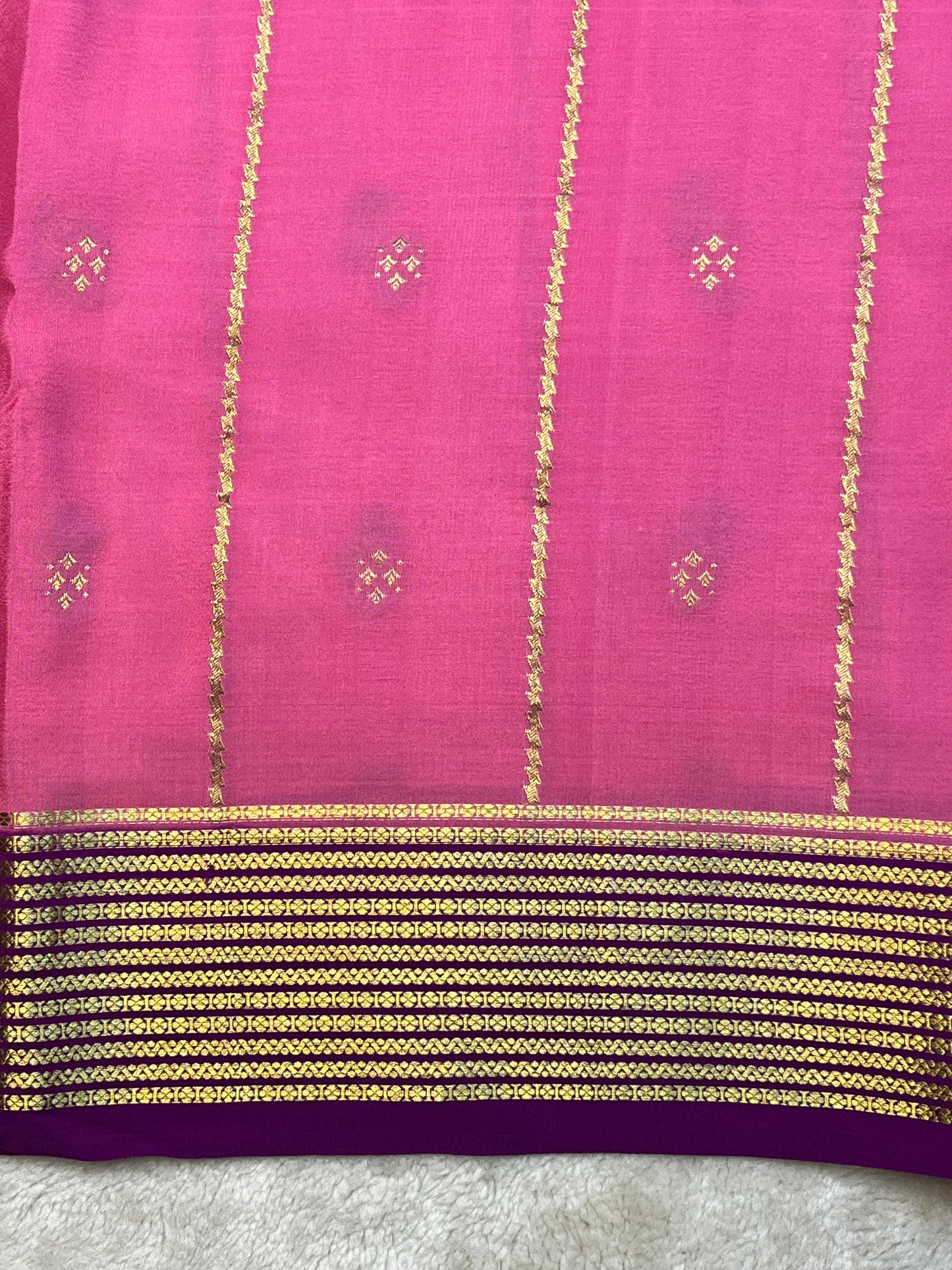 Pure Crepe Mysore Silk Saree with Pink Shaded mix checks In Purple Contrast Blouse