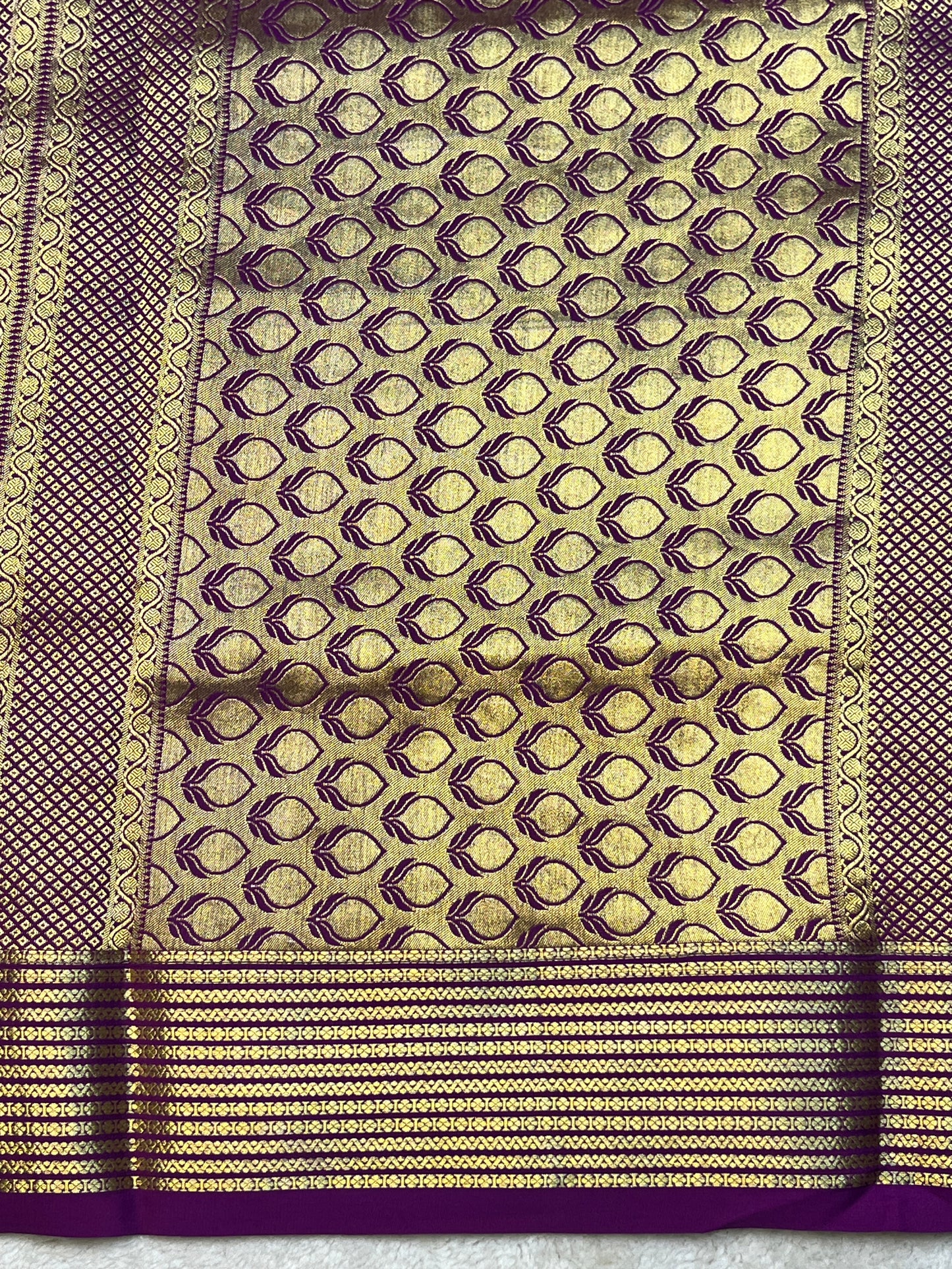 Pure Crepe Mysore Silk Saree with Pink Shaded mix checks In Purple Contrast Blouse