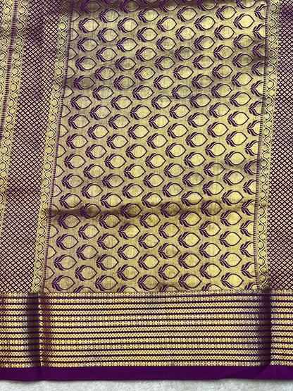Pure Crepe Mysore Silk Saree with Pink Shaded mix checks In Purple Contrast Blouse