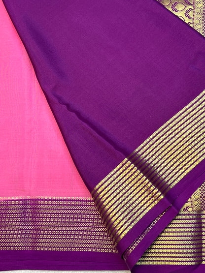 Pure Crepe Mysore Silk Saree with Pink Shaded mix checks In Purple Contrast Blouse