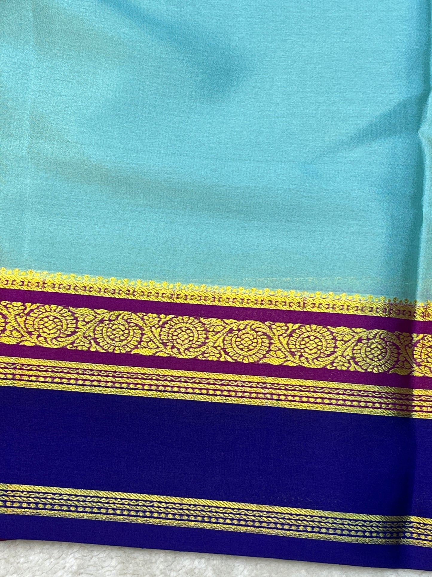 Pure Crepe Mysore Silk 3D bentex Aqua Blue , Royal Blue With Wine Contrast Blouse-2637752