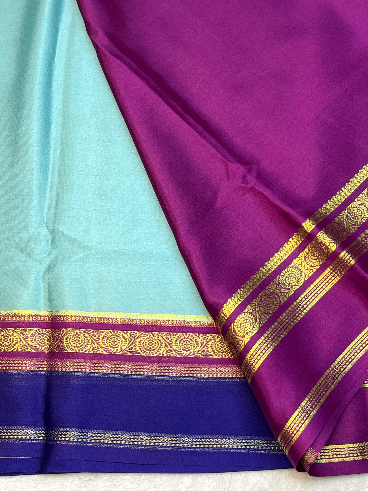 Pure Crepe Mysore Silk 3D bentex Aqua Blue , Royal Blue With Wine Contrast Blouse-2637752