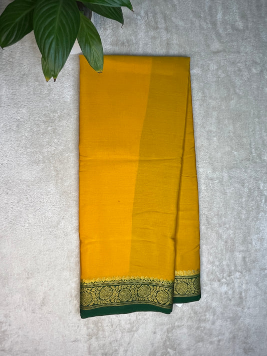 Pure Crepe Mysore Silk Saree plain in Yellow with contrast Green Blouse