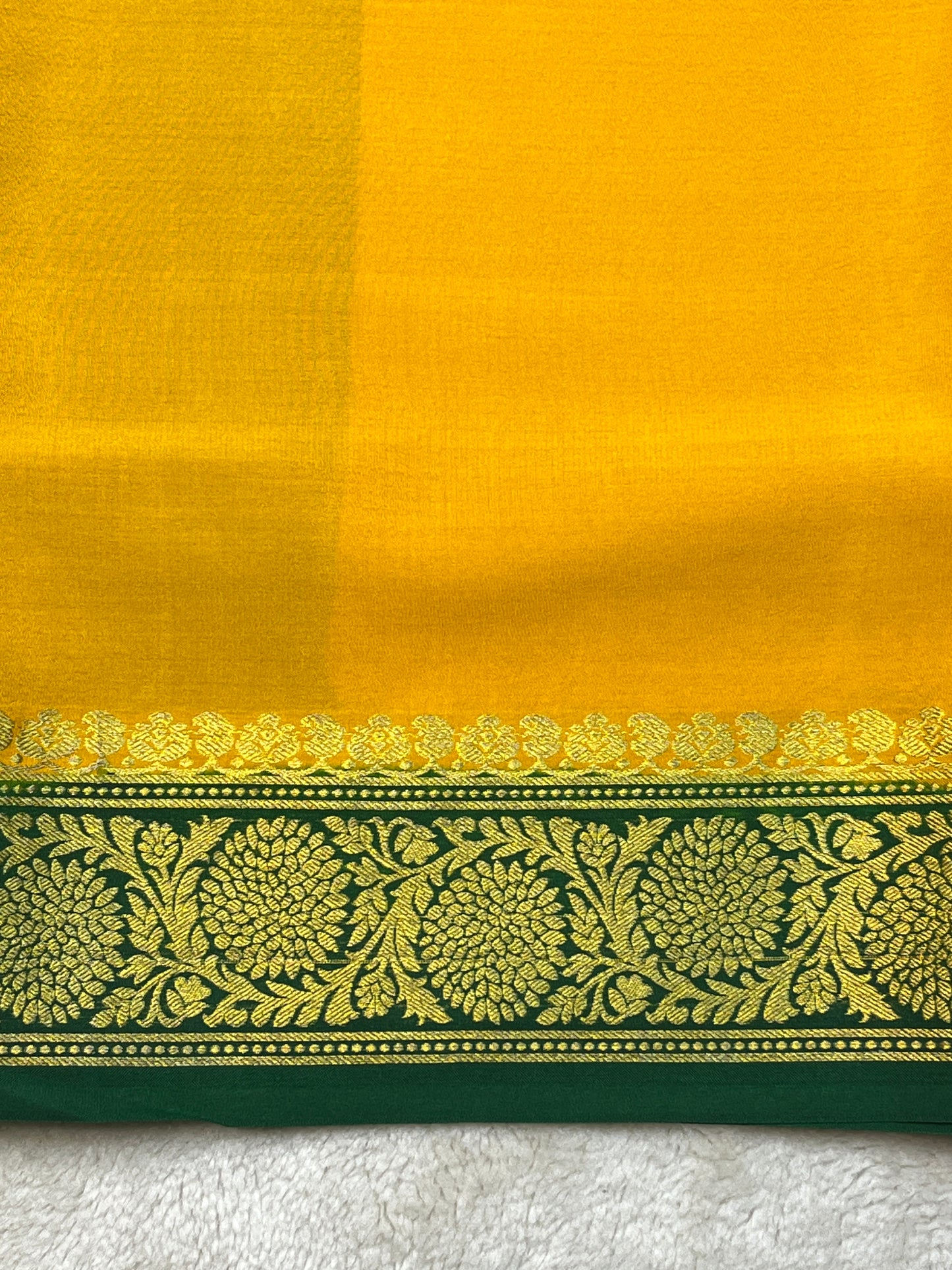 Pure Crepe Mysore Silk Saree plain in Yellow with contrast Green Blouse