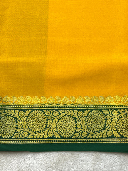 Pure Crepe Mysore Silk Saree plain in Yellow with contrast Green Blouse