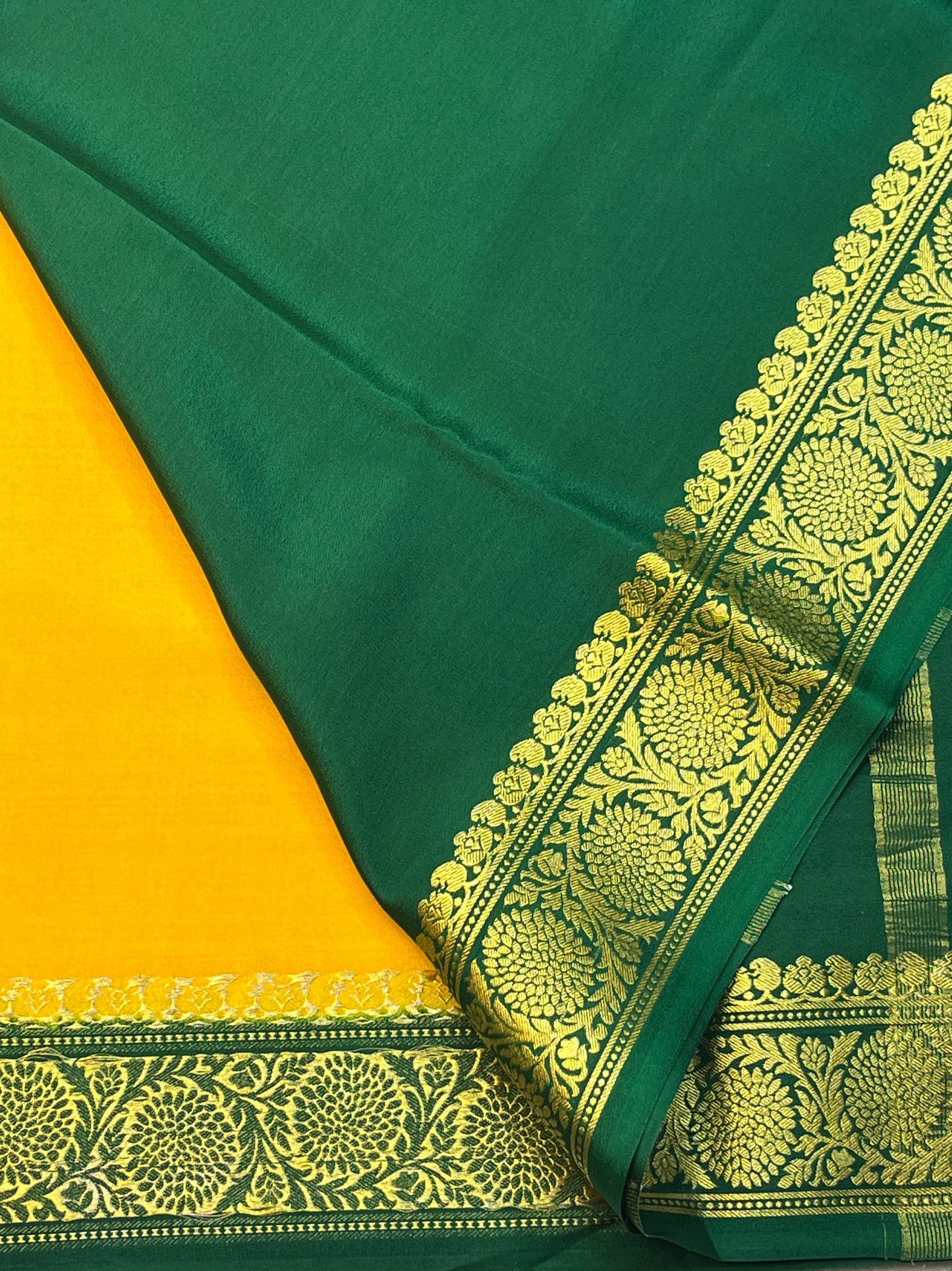 Pure Crepe Mysore Silk Saree plain in Yellow with contrast Green Blouse