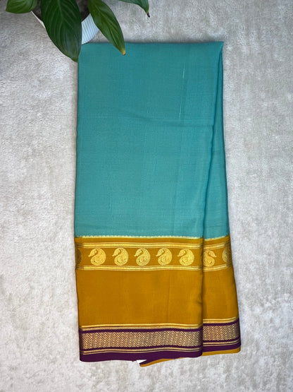 Pure Crepe Mysore Silk 3D Saree In Aqua Blue With Yellow Contrast Blouse