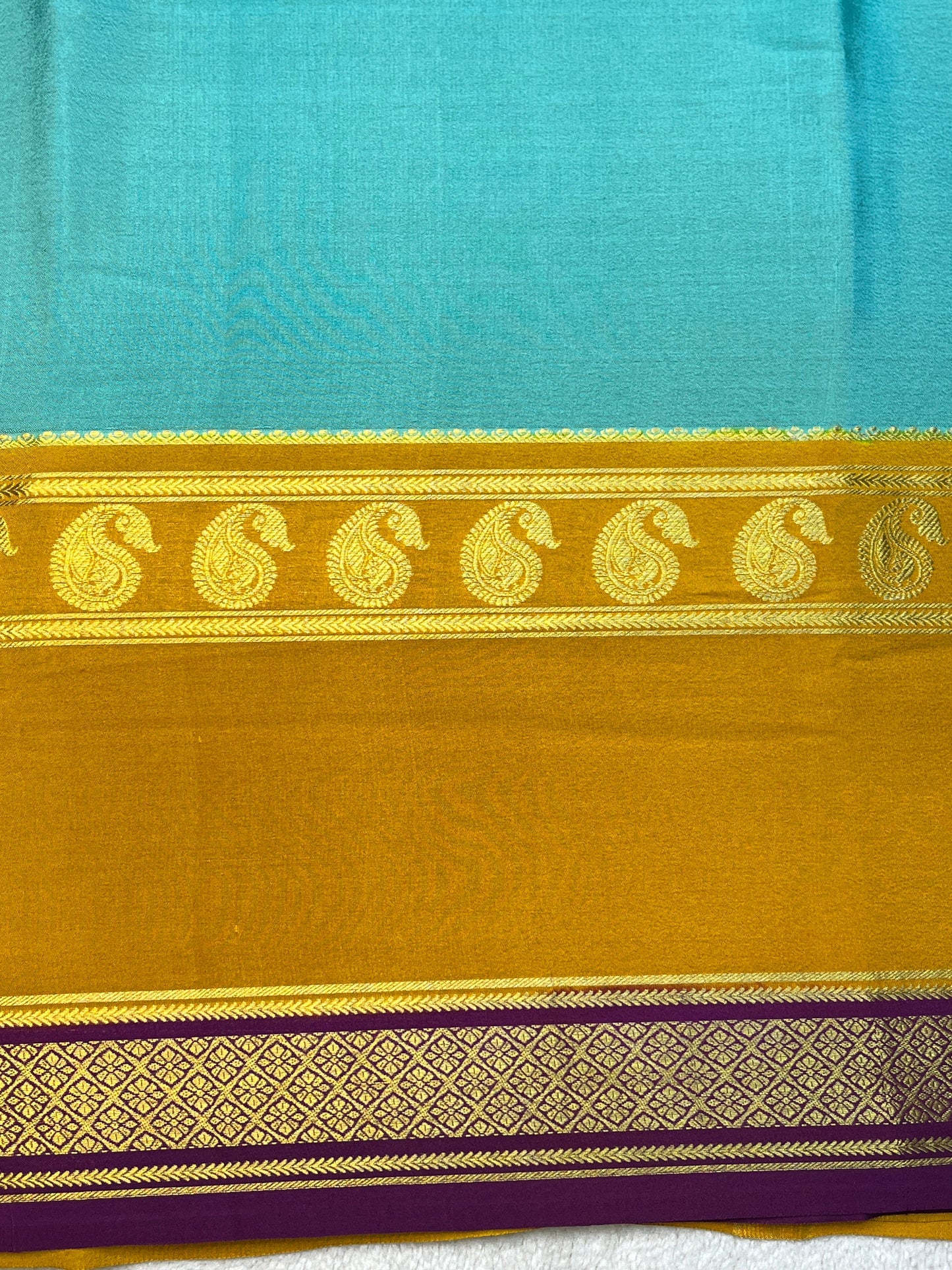 Pure Crepe Mysore Silk 3D Saree In Aqua Blue With Yellow Contrast Blouse