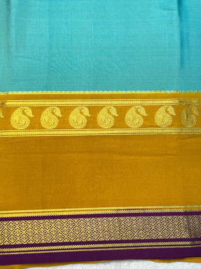 Pure Crepe Mysore Silk 3D Saree In Aqua Blue With Yellow Contrast Blouse