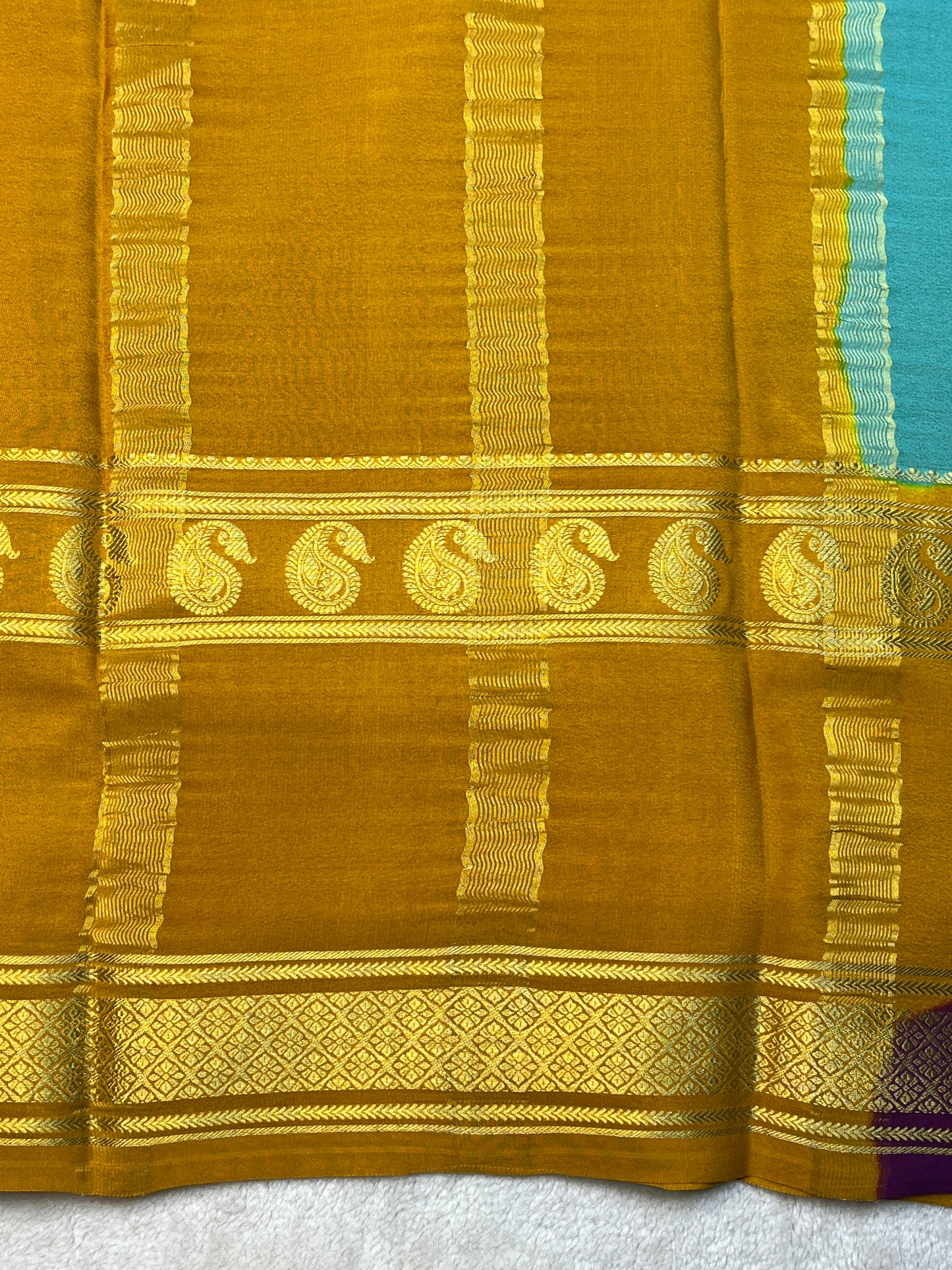 Pure Crepe Mysore Silk 3D Saree In Aqua Blue With Yellow Contrast Blouse