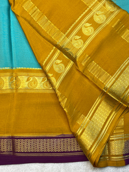 Pure Crepe Mysore Silk 3D Saree In Aqua Blue With Yellow Contrast Blouse