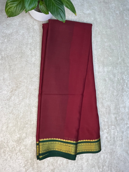 Pure Crepe Mysore Silk Saree piping border In Red & Green Contrast Blouse