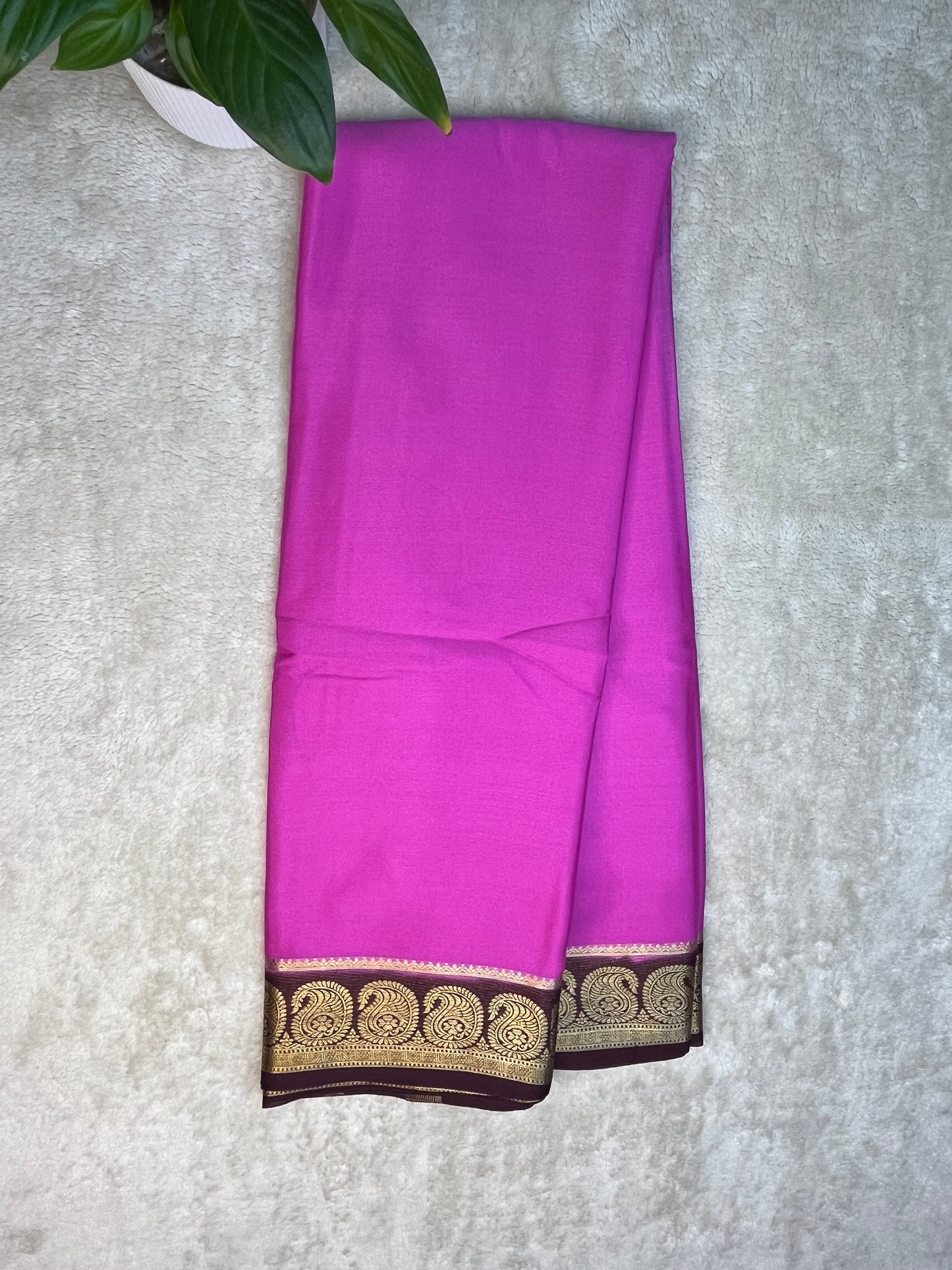 Pure Crepe Mysore Silk Saree with piping border in Pink with a Brown Contrast Blouse