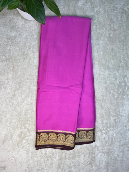 Pure Crepe Mysore Silk Saree with piping border in Pink with a Brown Contrast Blouse