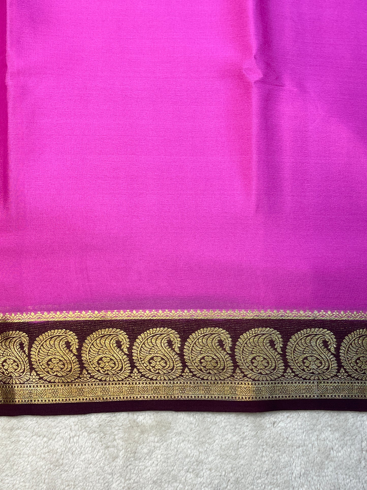 Pure Crepe Mysore Silk Saree with piping border in Pink with a Brown Contrast Blouse
