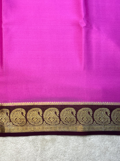 Pure Crepe Mysore Silk Saree with piping border in Pink with a Brown Contrast Blouse