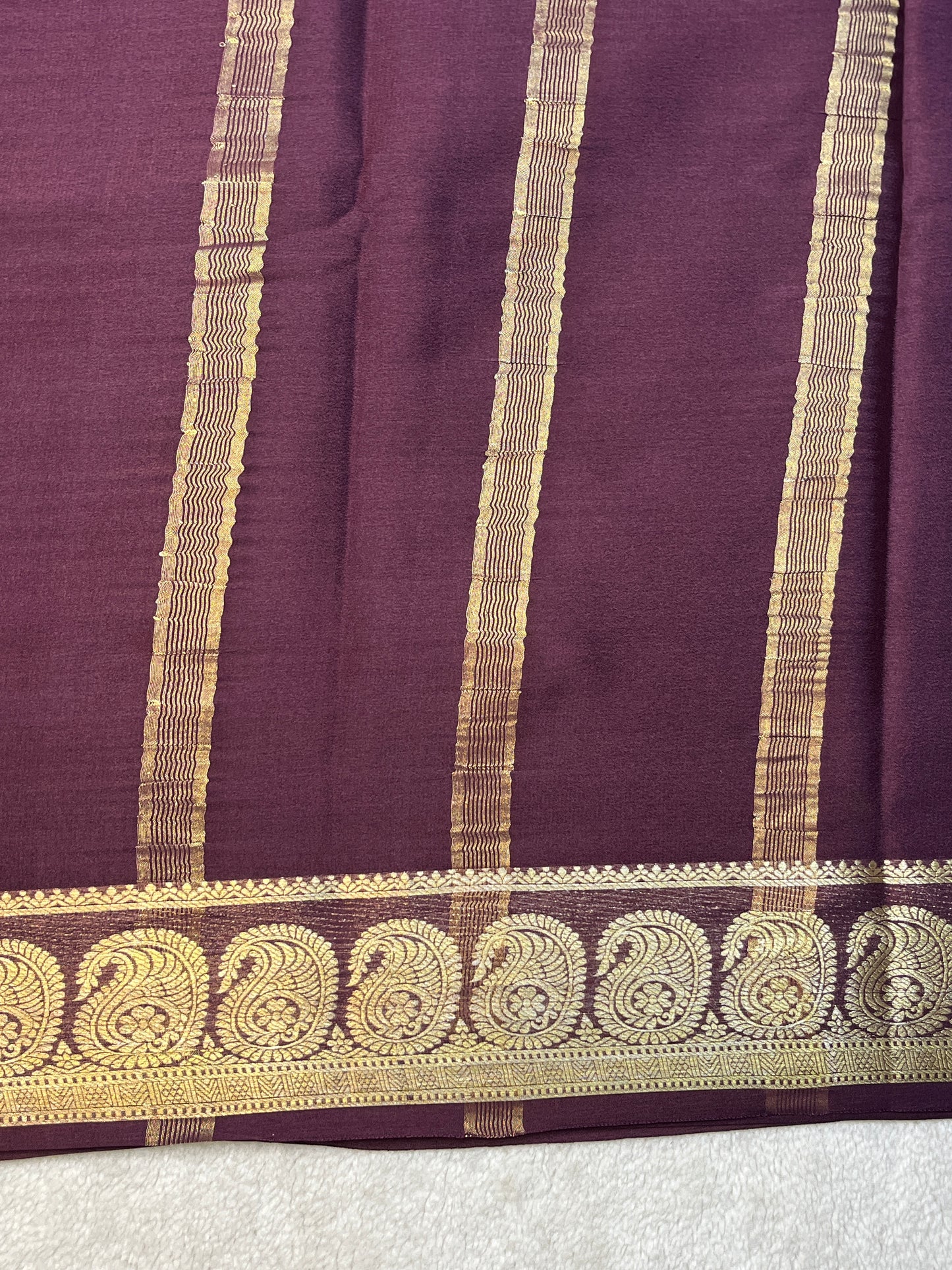 Pure Crepe Mysore Silk Saree with piping border in Pink with a Brown Contrast Blouse