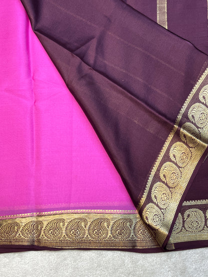 Pure Crepe Mysore Silk Saree with piping border in Pink with a Brown Contrast Blouse