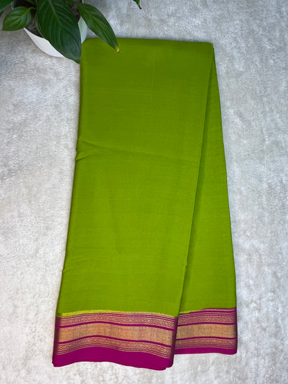 Pure Crepe Mysore Silk Patti Border In Green With Pink Contrast Blouse