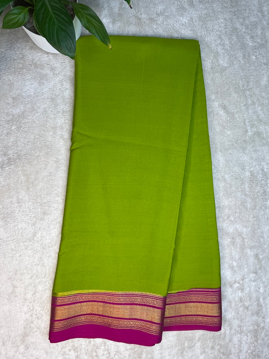 Pure Crepe Mysore Silk Patti Border In Green With Pink Contrast Blouse