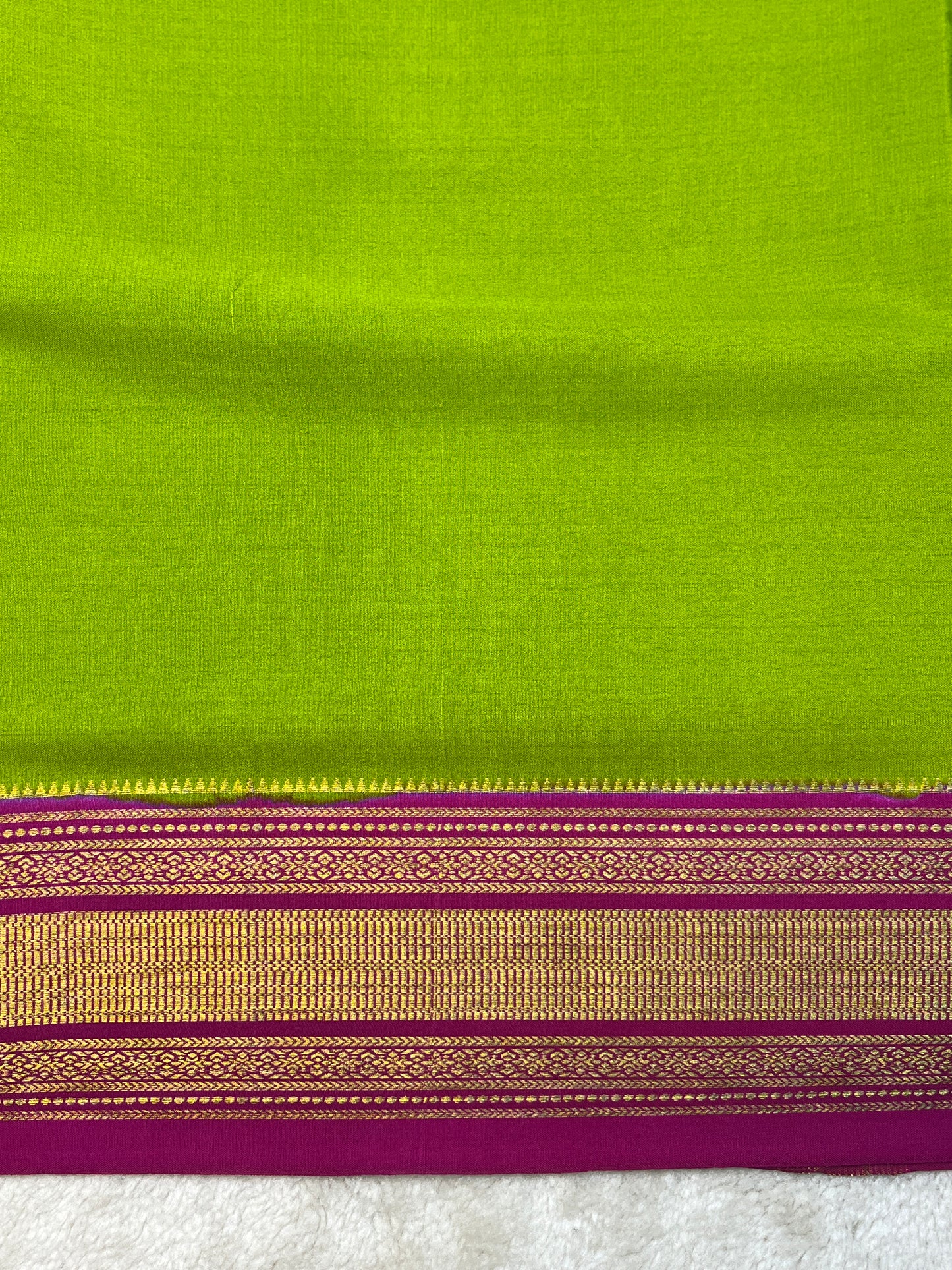 Pure Crepe Mysore Silk Patti Border In Green With Pink Contrast Blouse