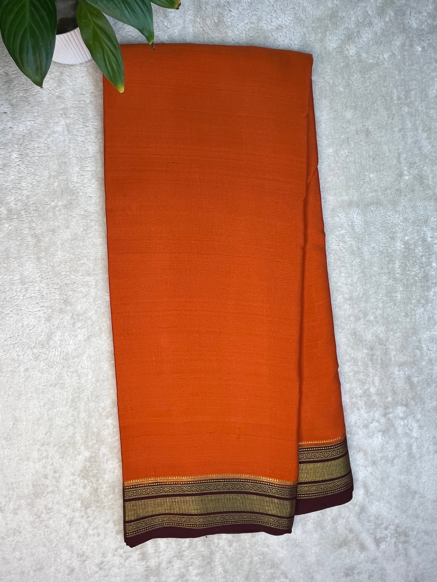 Pure Crepe Mysore Silk Saree patti border In Orange & Brown Contrast Blouse