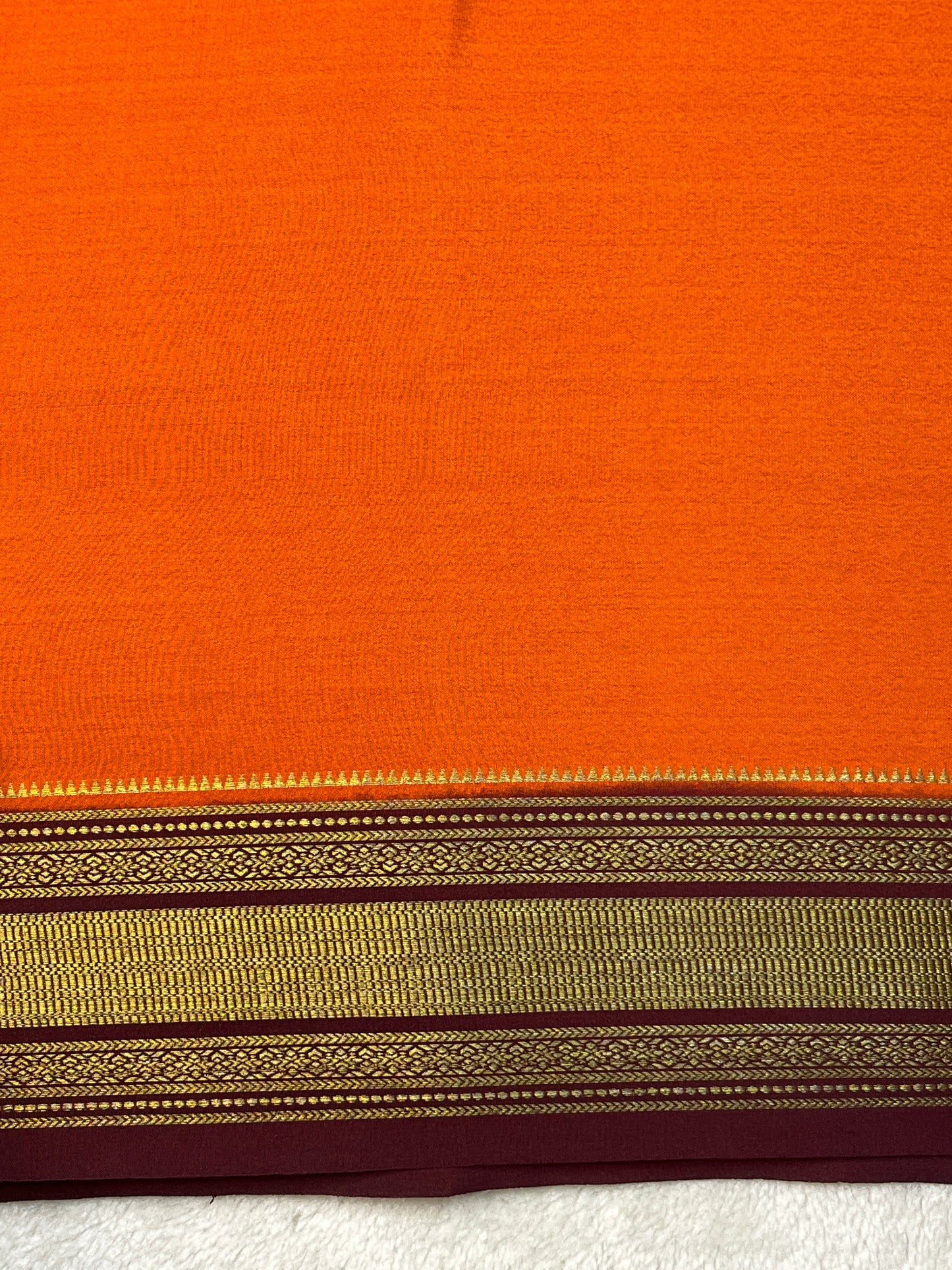 Pure Crepe Mysore Silk Saree patti border In Orange & Brown Contrast Blouse