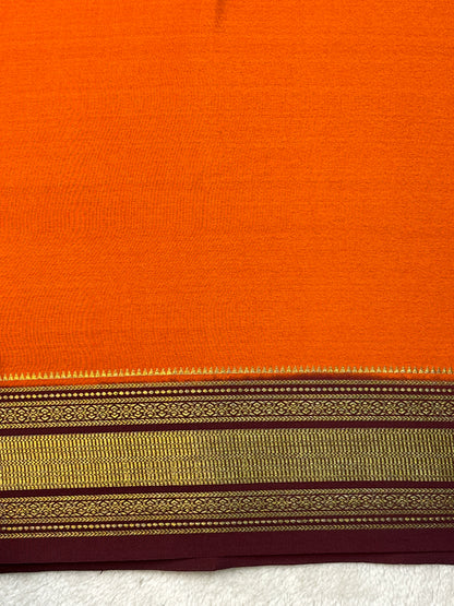 Pure Crepe Mysore Silk Saree patti border In Orange & Brown Contrast Blouse
