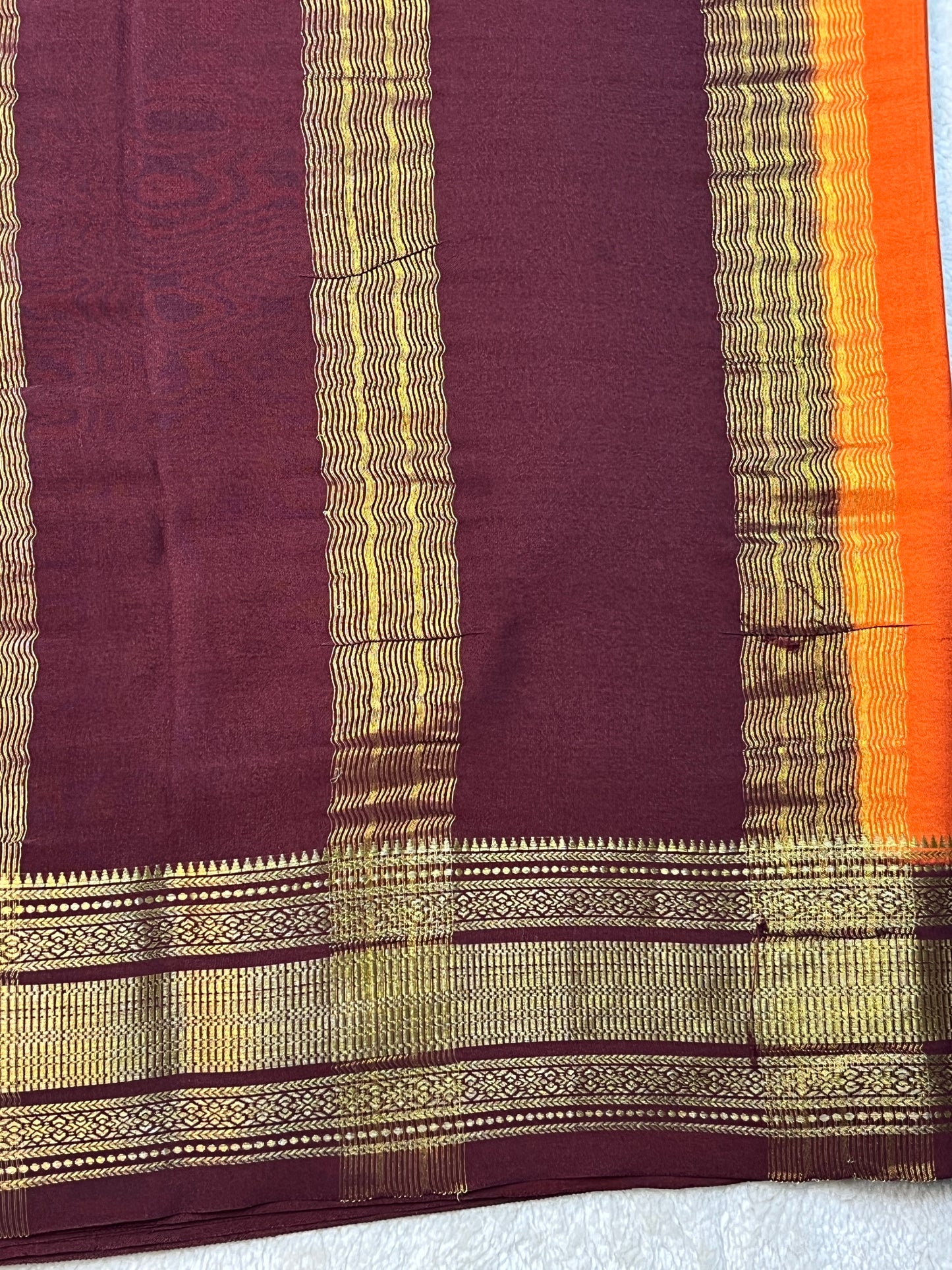 Pure Crepe Mysore Silk Saree patti border In Orange & Brown Contrast Blouse