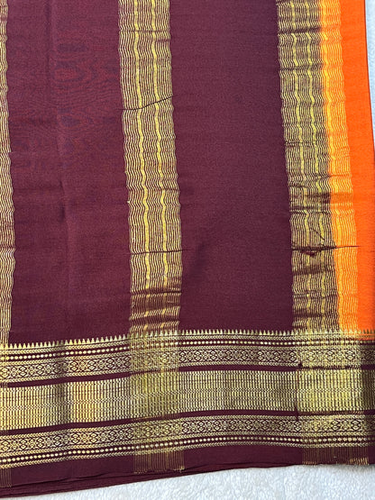 Pure Crepe Mysore Silk Saree patti border In Orange & Brown Contrast Blouse