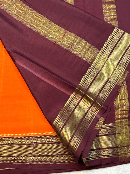 Pure Crepe Mysore Silk Saree patti border In Orange & Brown Contrast Blouse