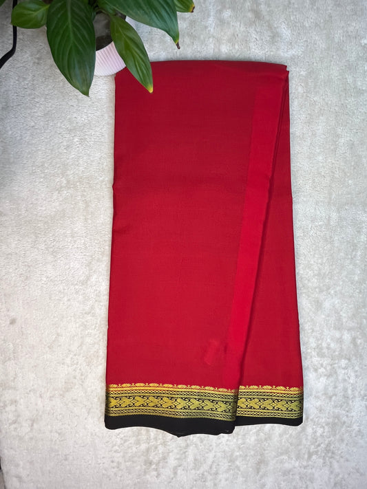 Pure Crepe Mysore Silk Patti Border In Red With Black contrast Blouse