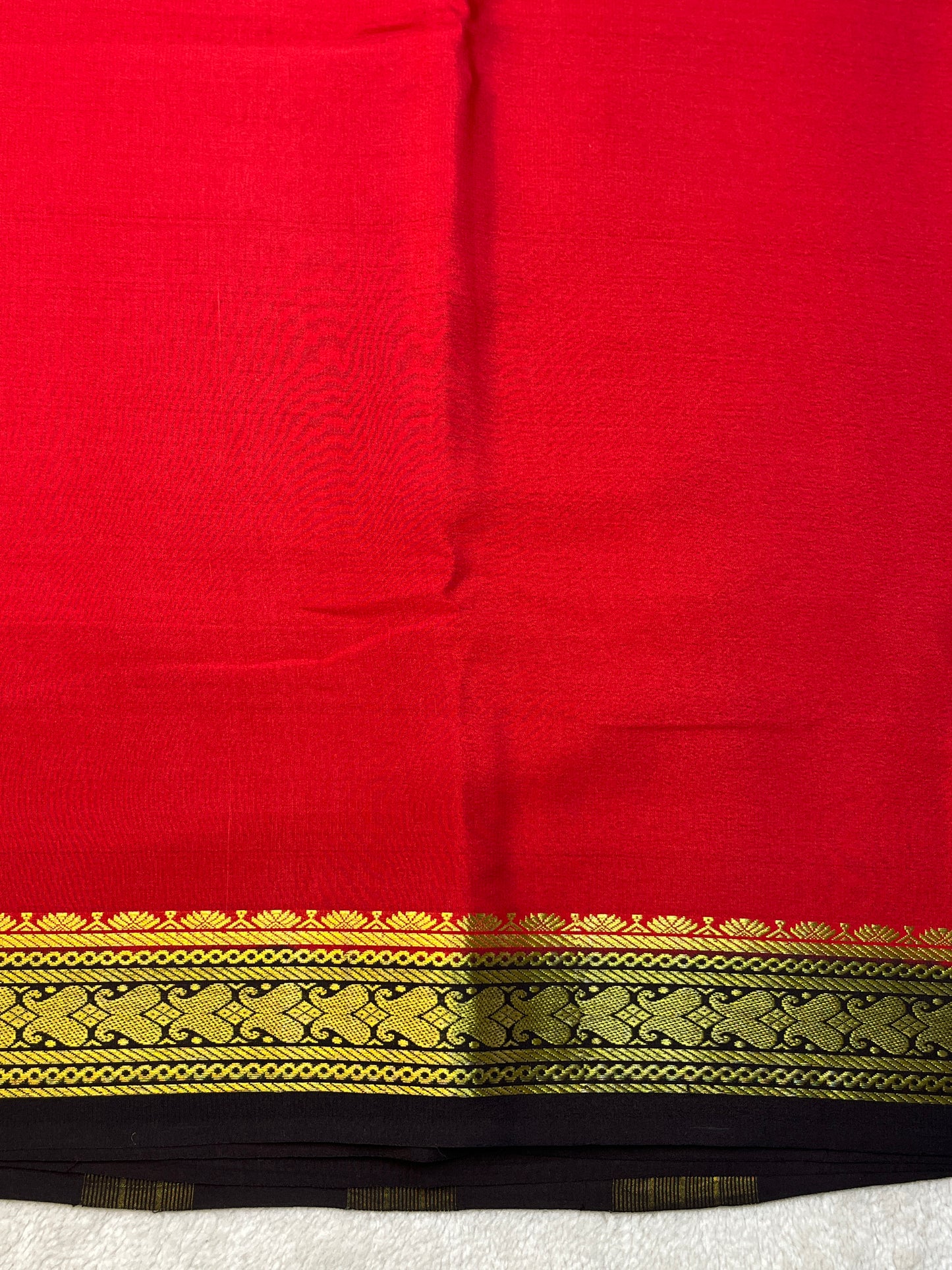 Pure Crepe Mysore Silk Patti Border In Red With Black contrast Blouse