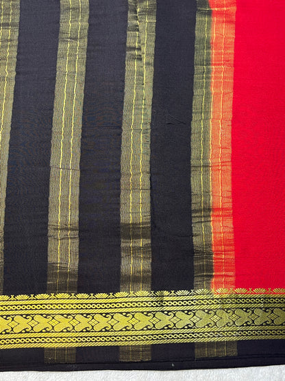 Pure Crepe Mysore Silk Patti Border In Red With Black contrast Blouse
