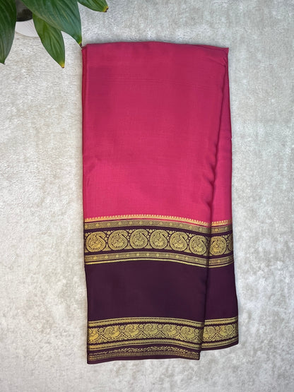 Pure Crepe Mysore Silk Saree 2D In Pink With Wine Contrast Blouse