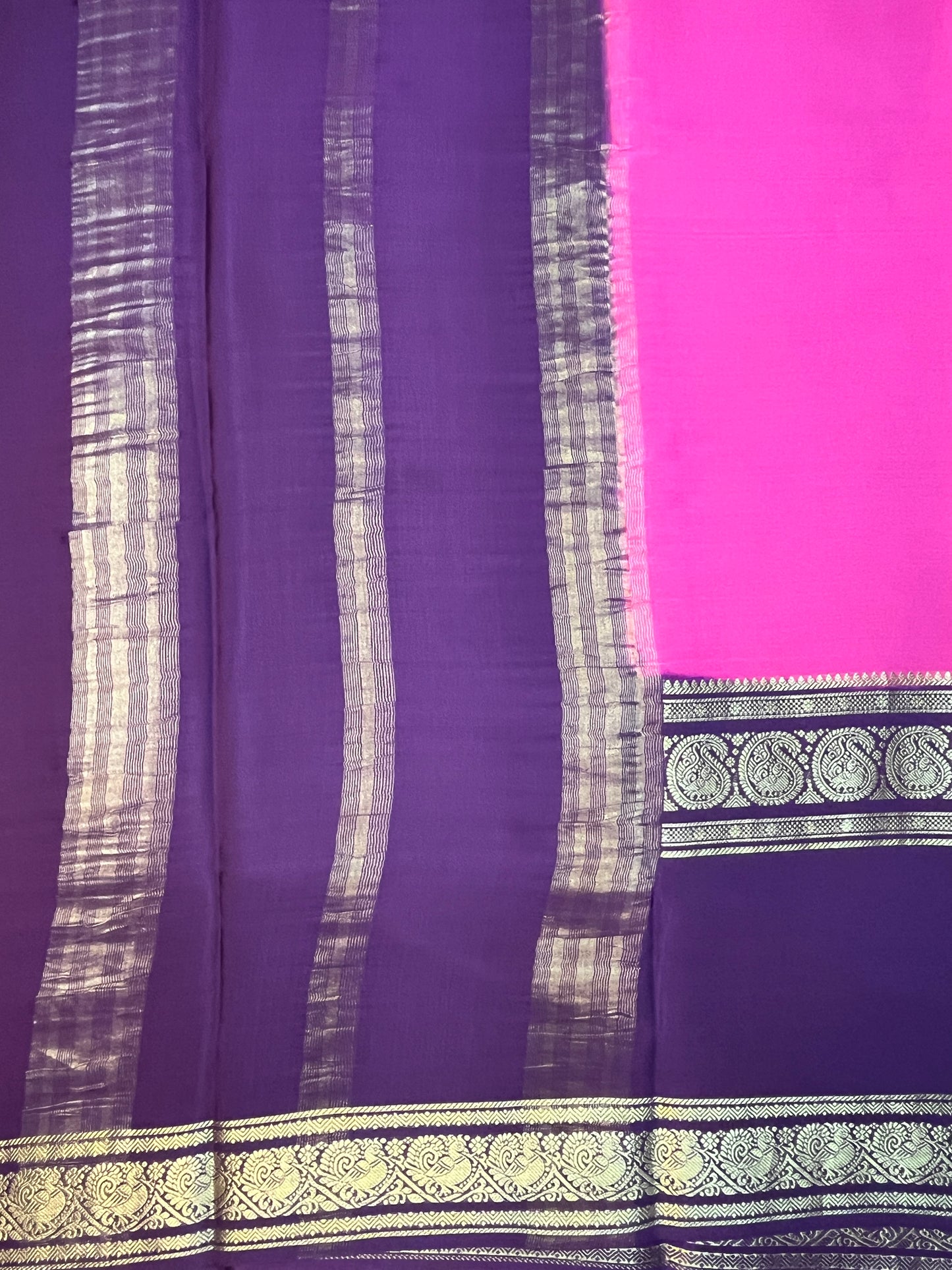 Pure Crepe Mysore Silk Saree 2D In Pink With Wine Contrast Blouse