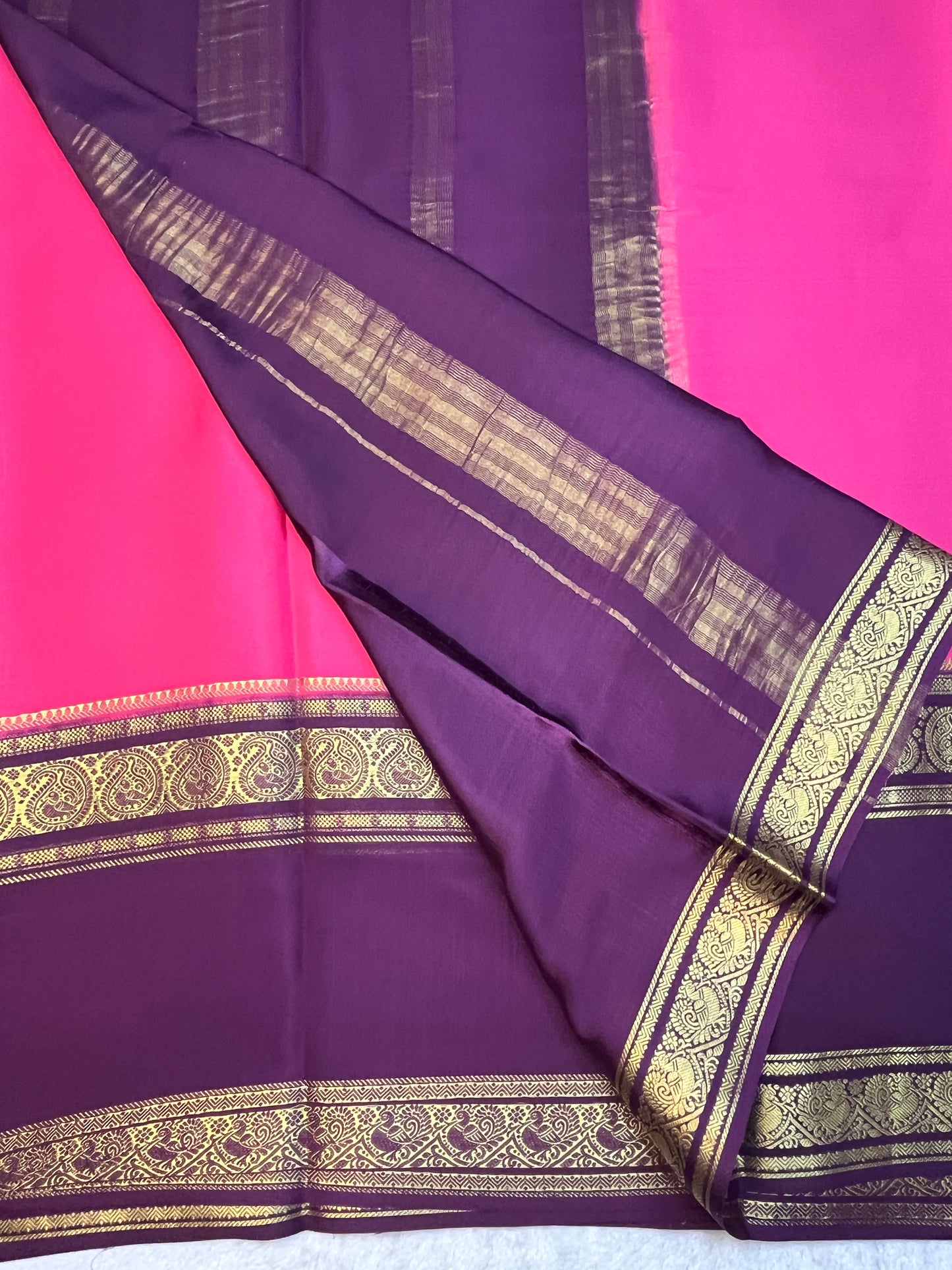 Pure Crepe Mysore Silk Saree 2D In Pink With Wine Contrast Blouse