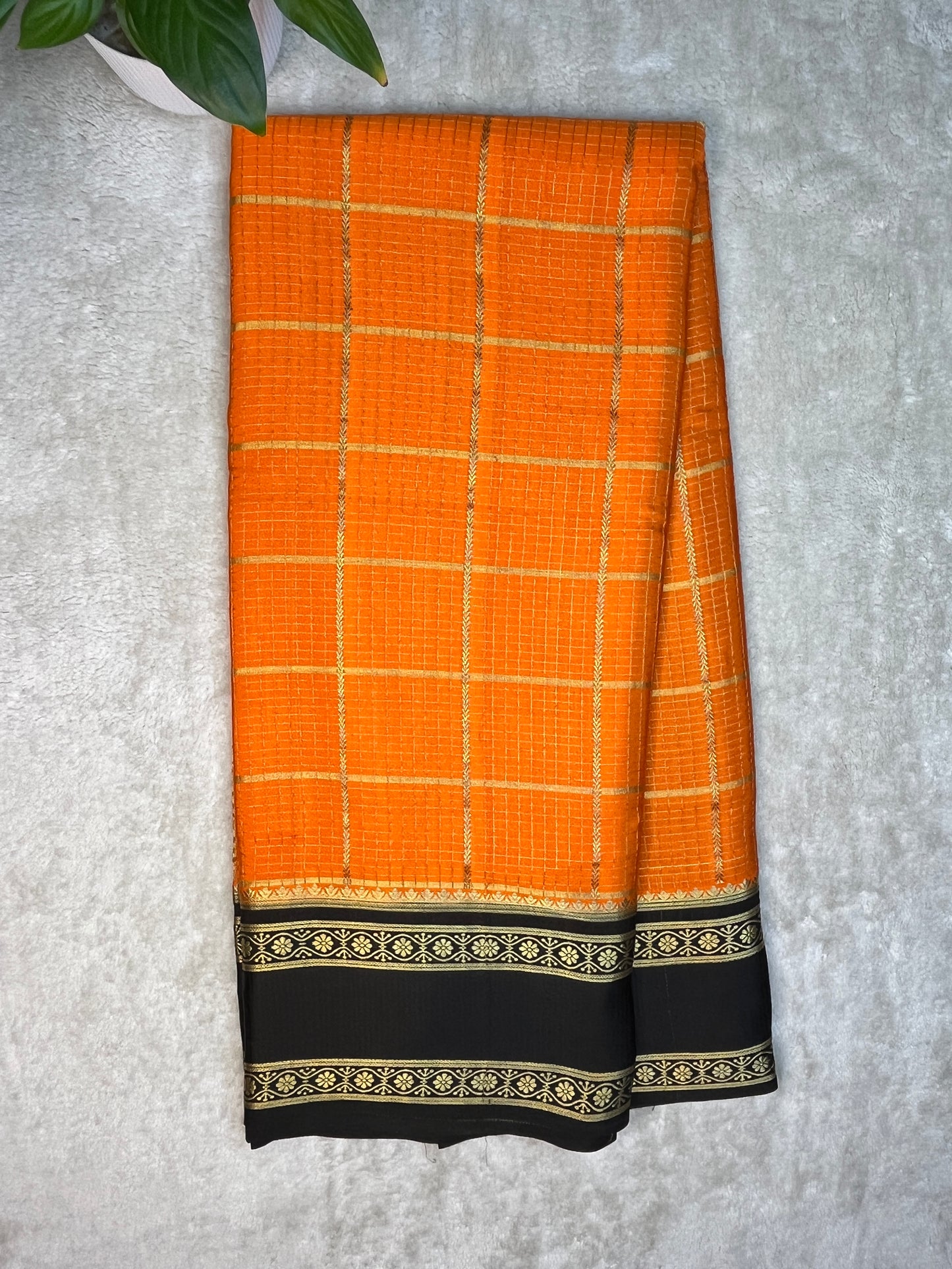 Pure Mysore Silk In Bentex Checks With Orange & Black Contrast Blouse